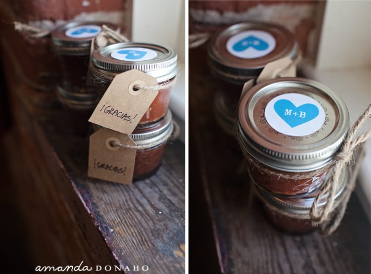 They kept a fun Mexican theme at their reception to celebrate their wedding on the beaches of Mexico!  They sent their guests home with these adorable jars of homemade salsa!